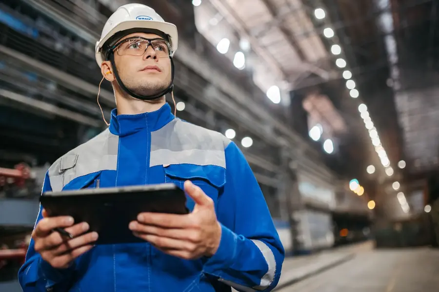 Técnico revisando datos de una instalación en planta